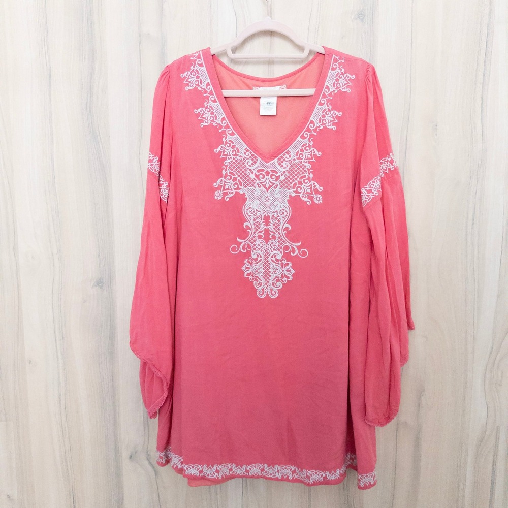 Flying Tomato Womens Embroidered Tunic Top Size 2X Pink Boho Romantic Festival